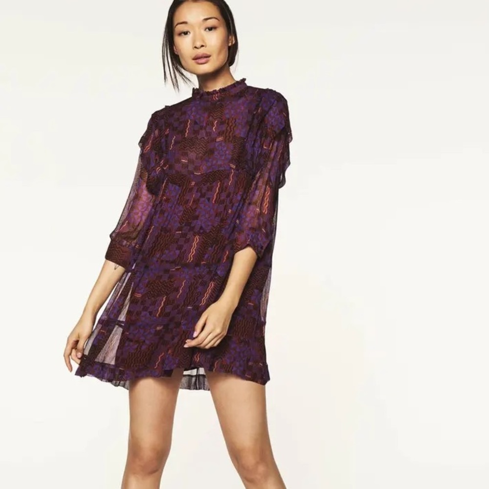 ba&sh MAHAUT purple geometric print mini dress sheer mock neck